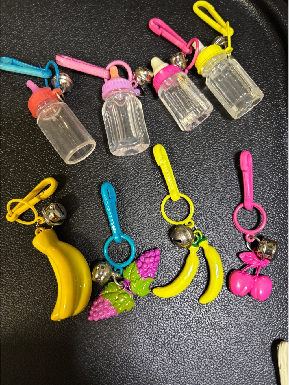 Vintage Plastic Bell Charm Lot of 13 Baby Bottles Fruit Animals Cowboy - Picture 2 of 4